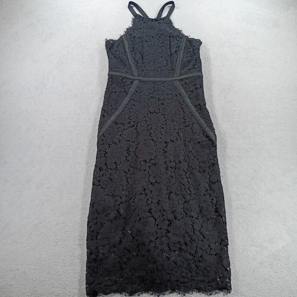 Banana Republic Women Dress Black Lace Halter Midi 0 Floral Eyelash Trim